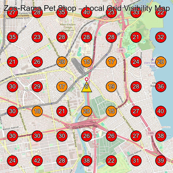 Zoo-Rama Pet Shop GeoGrid visibility map for Pet Groomer in Bronx